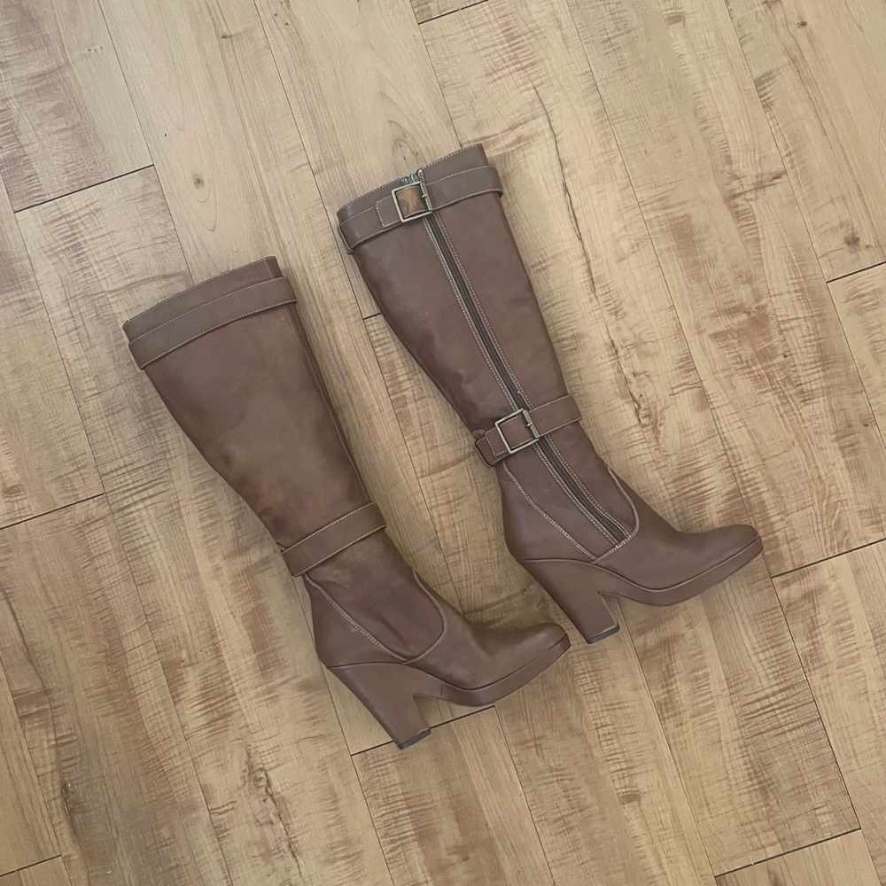 Rare DKNY Cognac Buckle Knee-High Wedge Platform Leather Boots